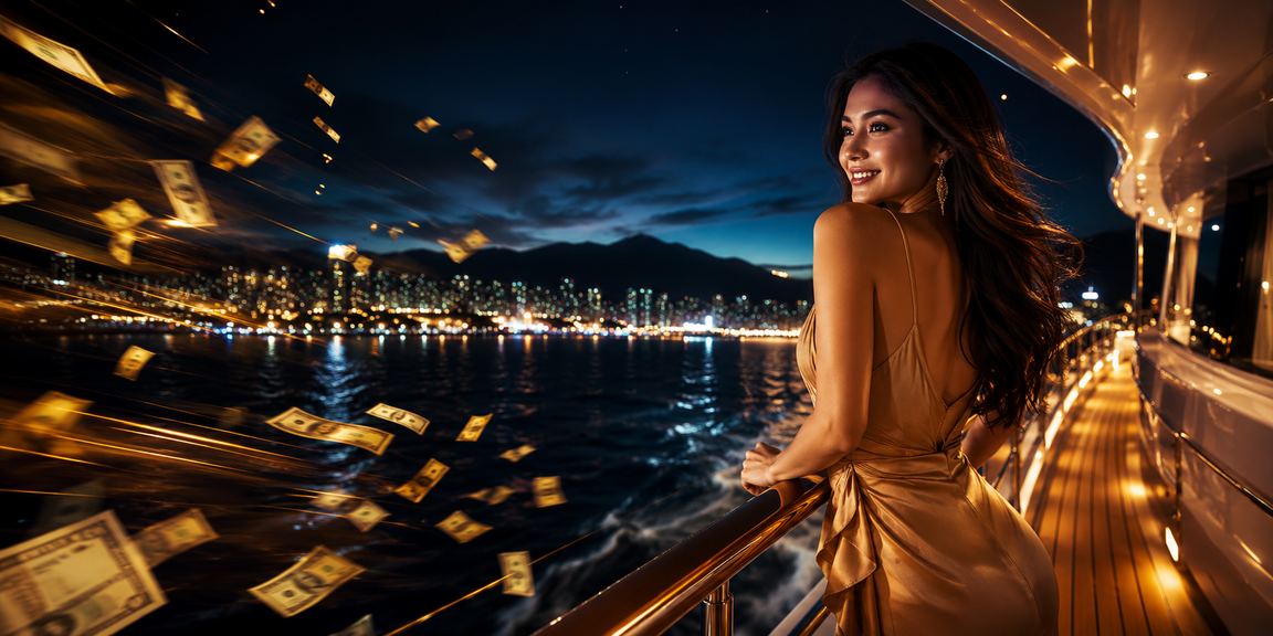 Model perempuan elegan merayakan bonus cashback kasino yang menguntungkan