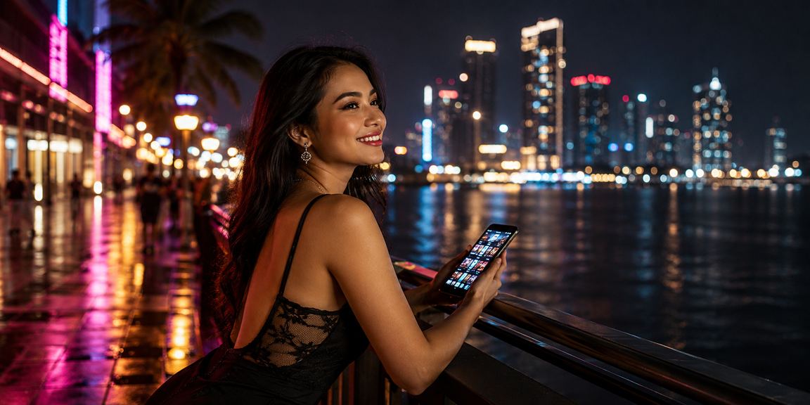 Cahaya neon kasino malam yang gemerlap menggambarkan intensitas permainan live