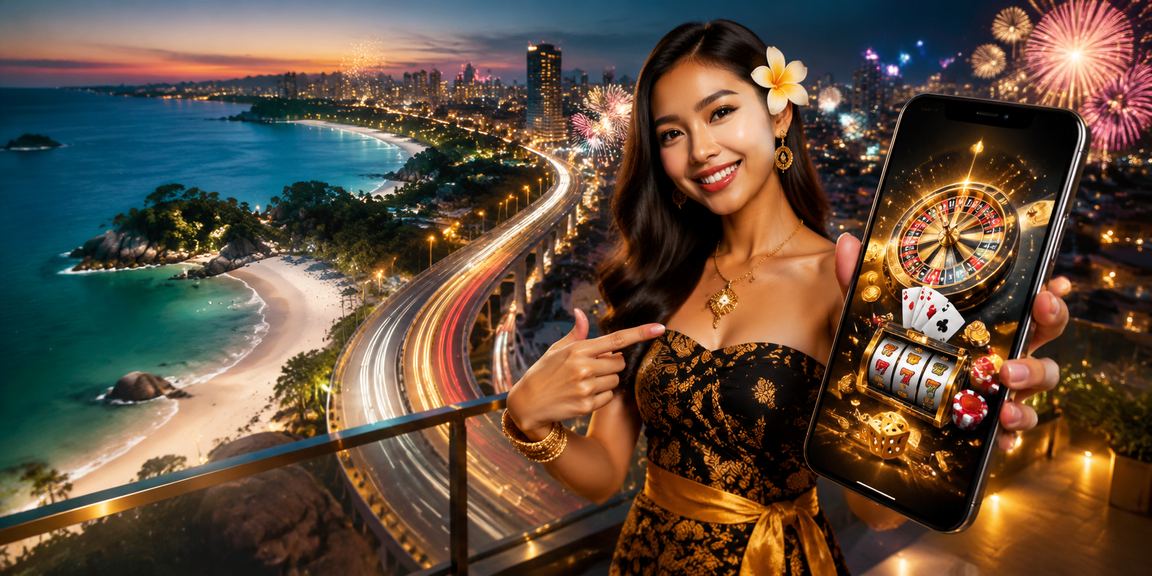 Pemain menikmati kasino mobile di pantai dengan suasana santai dan fokus